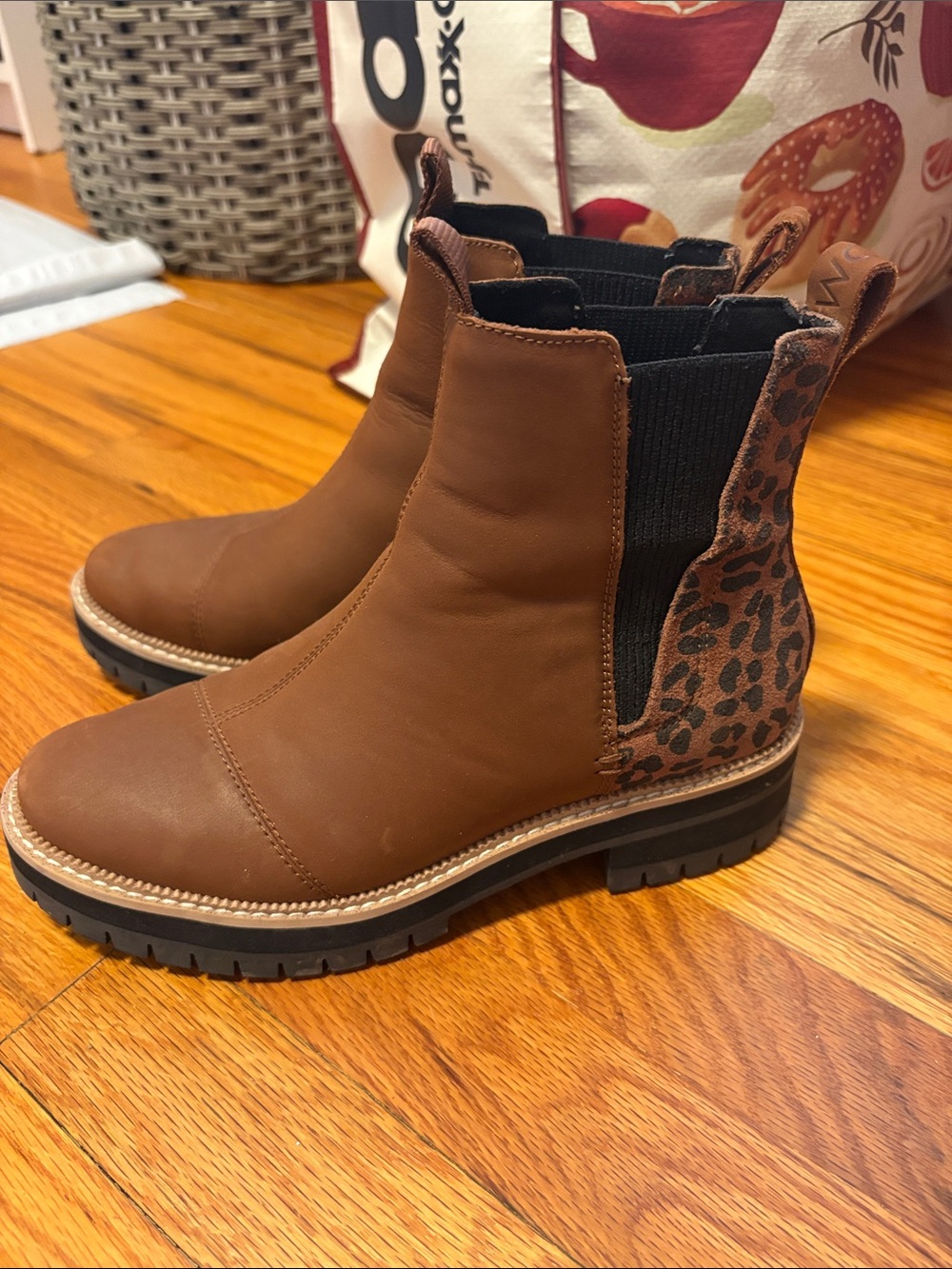 Toms Brown Chelsea Booties with Leopard Heel Accent